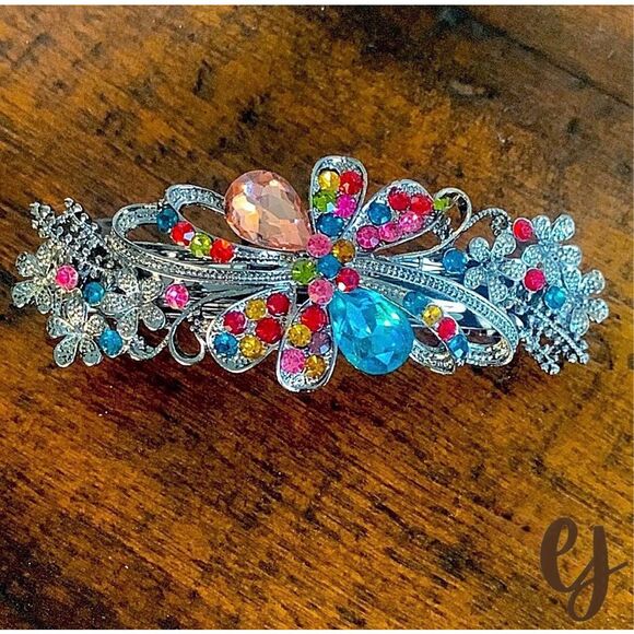Jeweled Flower Barrette – Colorful Crystal Floral Design - Picture 4 of 9